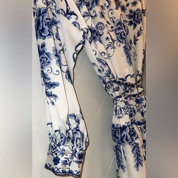 Alex Marie Wren Flor Blue Chinoiserie Scroll Mini Dress tie belt size 8 medium - Picture 7 of 12